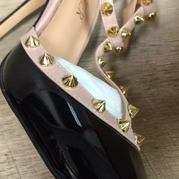 Hecater Ankle Strap Studded Patent Faux Leather Black and Cream Heels - Picture 7 of 9